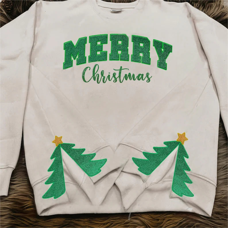 Custom Merry Christmas Side Tree Cut-Out Sweatshirt