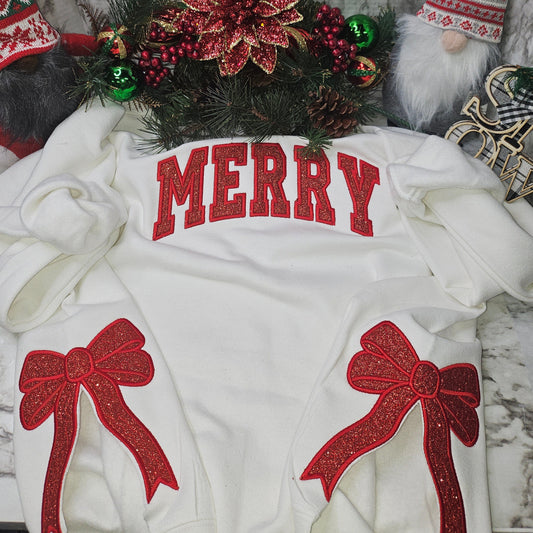 Custom Red Merry Christmas Bow Side Sweatshirt