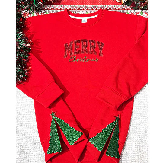 Custom Merry Christmas Side Tree Cut-Out Sweatshirt