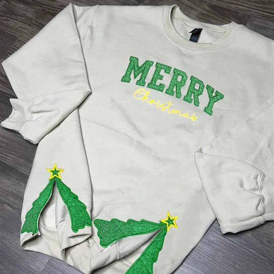 Custom Merry Christmas Side Tree Cut-Out Sweatshirt