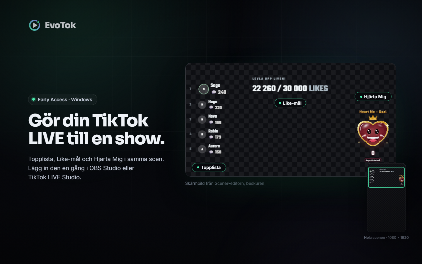 EvoTok presentation (Swedish text): leaderboard, like goal and Heart Me in one scene, with a thumbnail of the whole 9:16 scene. Based on a screenshot of the app’s Scenes editor.